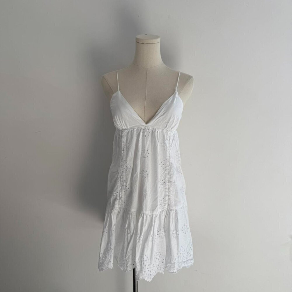 White Eyelet Mini Dress  / Spaghetti Strap Summer Sundress Womens Size Small